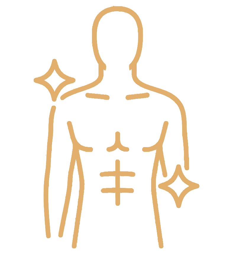 Épilation laser hommes – Torse et corps | Skinela Icône dorée minimaliste représentant le torse masculin avec des lignes épurées et des éclats lumineux, symbolisant l’efficacité et la propreté de l’épilation laser pour hommes.
