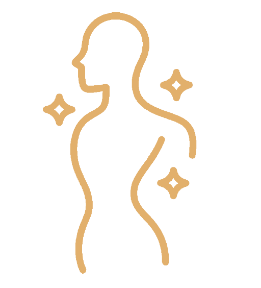 Soins visage et corps – Skinela Icône dorée représentant une silhouette stylisée avec des étoiles, symbolisant les soins esthétiques du visage et du corps proposés par la Clinique Skinela.